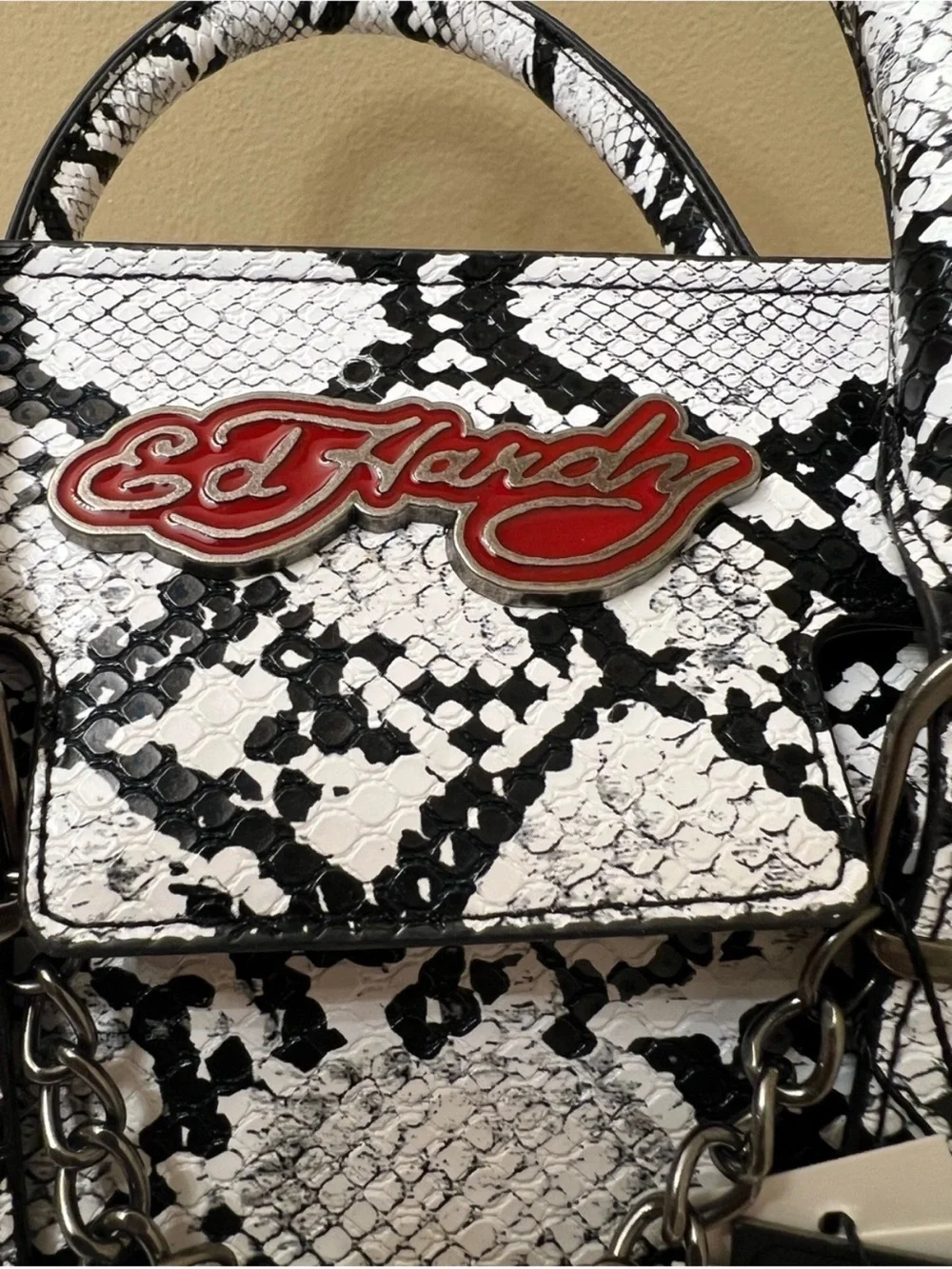 Ed Hardy Black & White Snake-Print Satchel with Charms